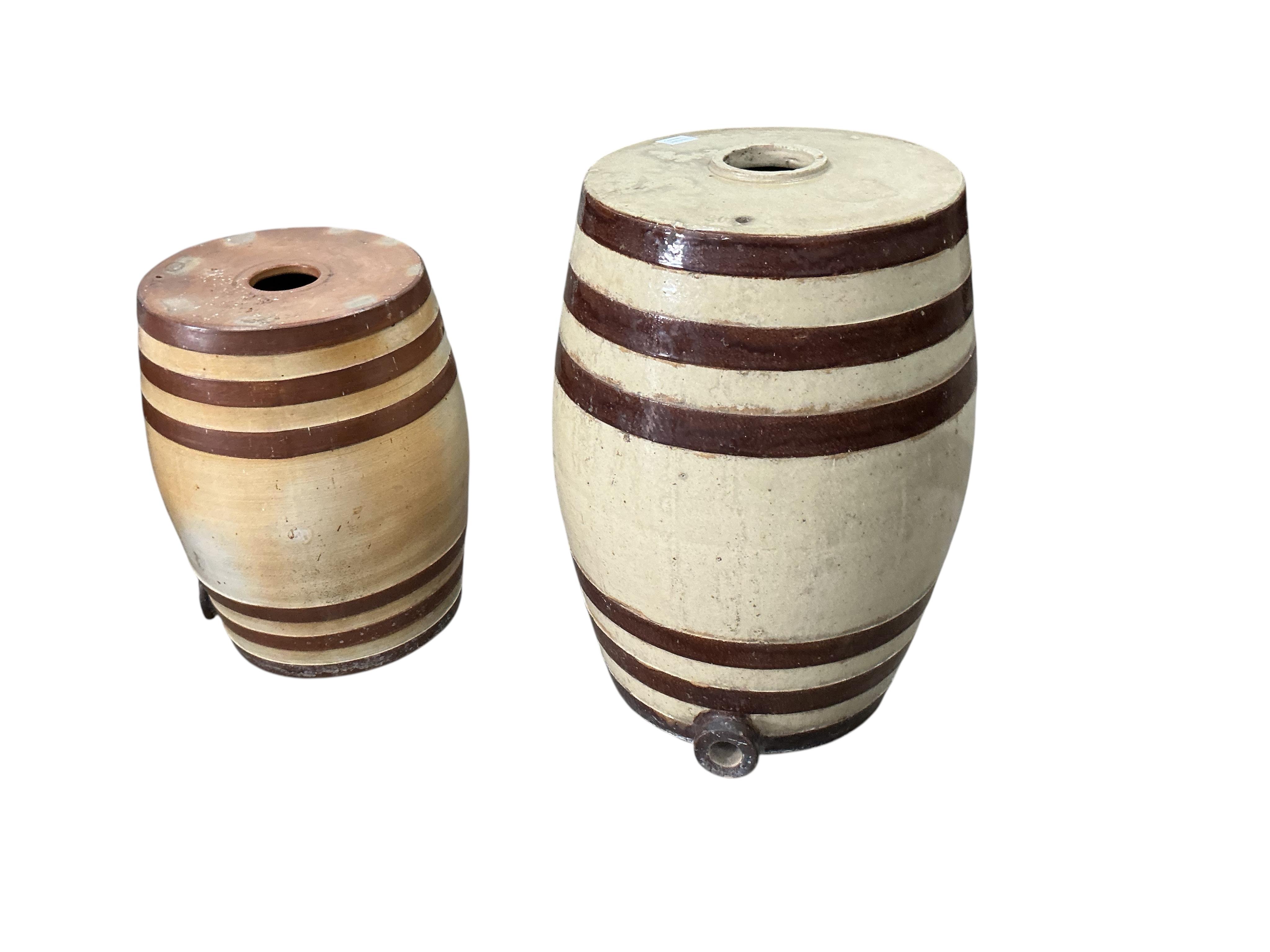 Two Victorian Doulton and Watts salt-glazed stoneware barrels, larger diameter 46cm, height 68cm, Provenance: The late Kenneth Turner (1936-2025), celebrity florist, designer and perfume retailer, he received the Royal W
